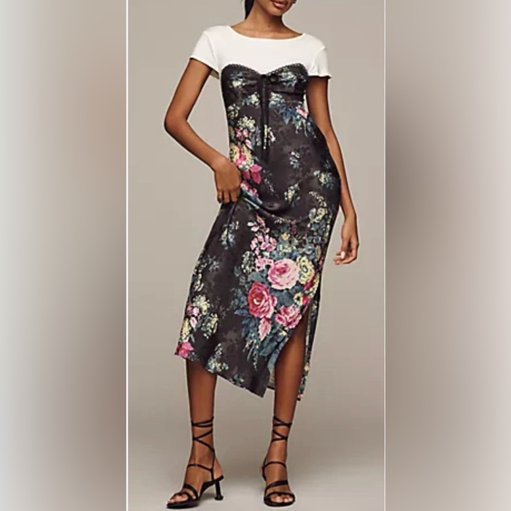 NWT Anthropologie Twofar Black Floral Y2K Whimsical Corset Dress. Size XS.‎